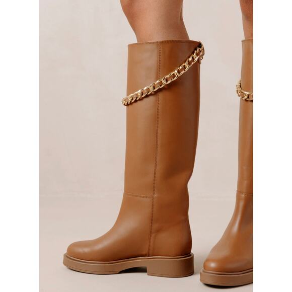 ALOHAS Brown Leather Lug Chunky Sole Pier Tall Boots Chain sz 39 Anthropologie - Picture 2 of 16